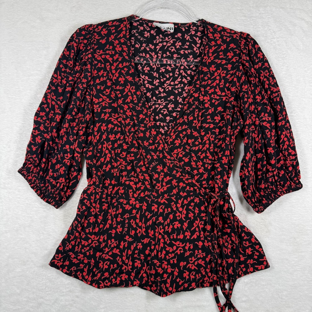 Ganni Black Red Floral Ecovero Viscose Wrap Top‎ Blouse Size 38 BJ.B 6024 US 6